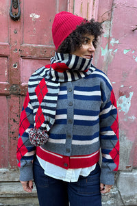 Damson Madder Argyle Stripe Pom Pom Scarf