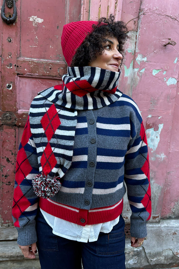 Damson Madder Argyle Stripe Pom Pom Scarf