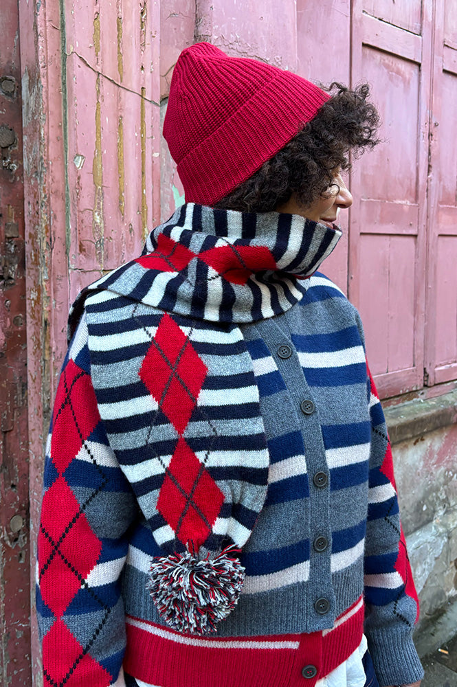 Damson Madder Argyle Stripe Pom Pom Scarf