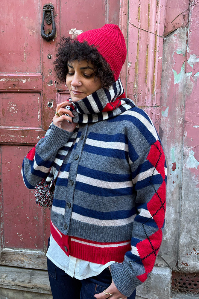 Damson Madder Argyle Stripe Pom Pom Scarf