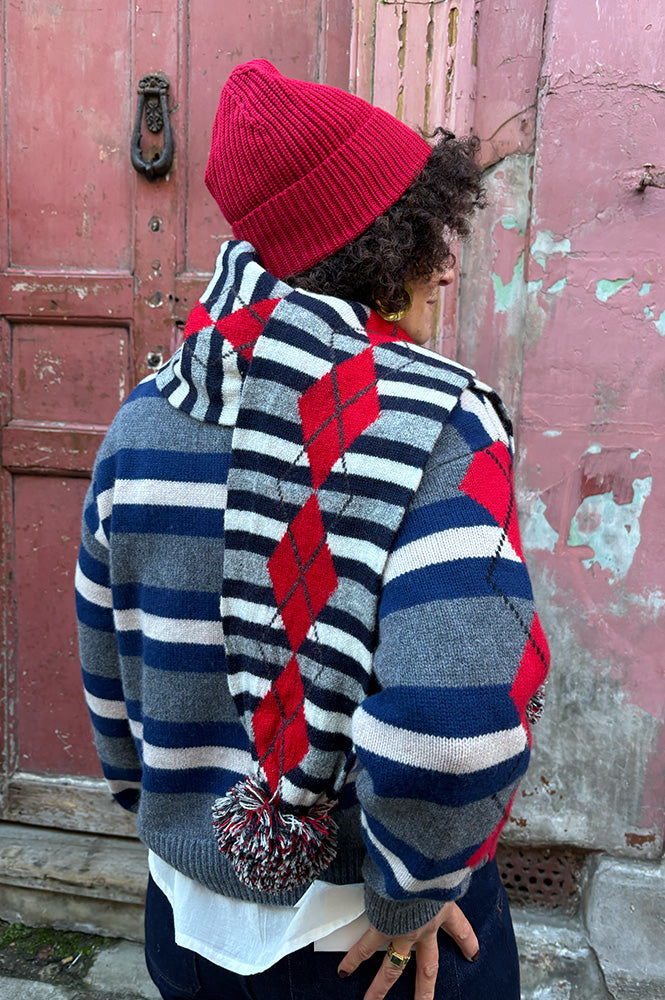 Damson Madder Argyle Stripe Pom Pom Scarf