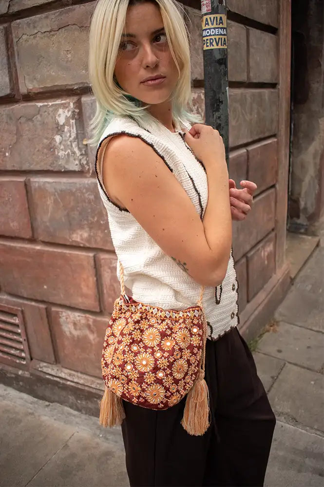 M.A.B.E Suri Rust & Mirrors Embroidered Pouch Bag