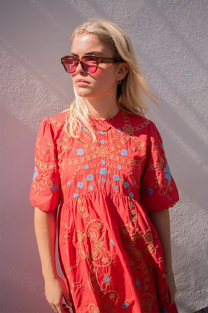 Sophie + Lucie Poppy Red Embroidered Dress - The Mercantile London