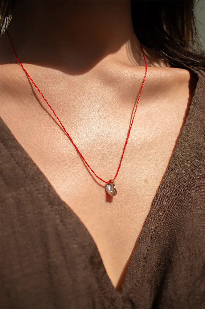 Lyon & Feather Red String Gold Pearl Necklace