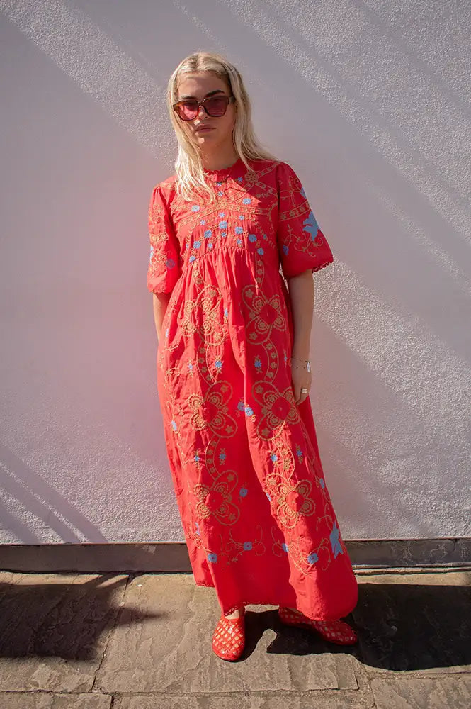 Sophie + Lucie Poppy Red Embroidered Dress - The Mercantile London