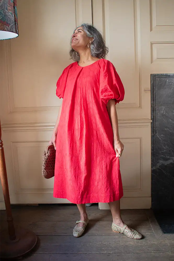Emin + Paul Red Textured Puff Sleeve Dress - The Mercantile London