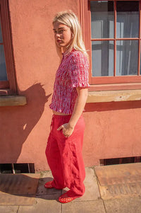 Yerse Raspberry Linen Drawstring Trousers