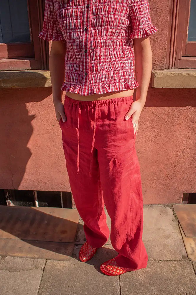 Yerse Raspberry Linen Drawstring Trousers