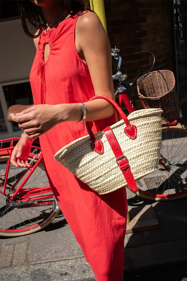 French Red Leather Detailed Small Market Basket Bag