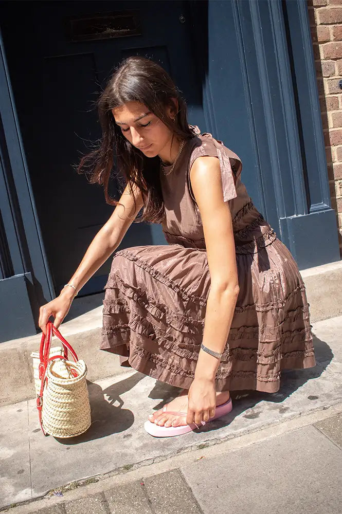 Damson Madder Reed Sheer Chocolate Drop Waist Ruffle Midi Dress
