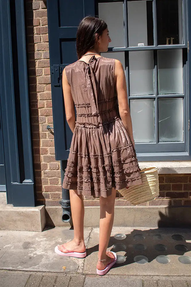 Damson Madder Reed Sheer Chocolate Drop Waist Ruffle Midi Dress