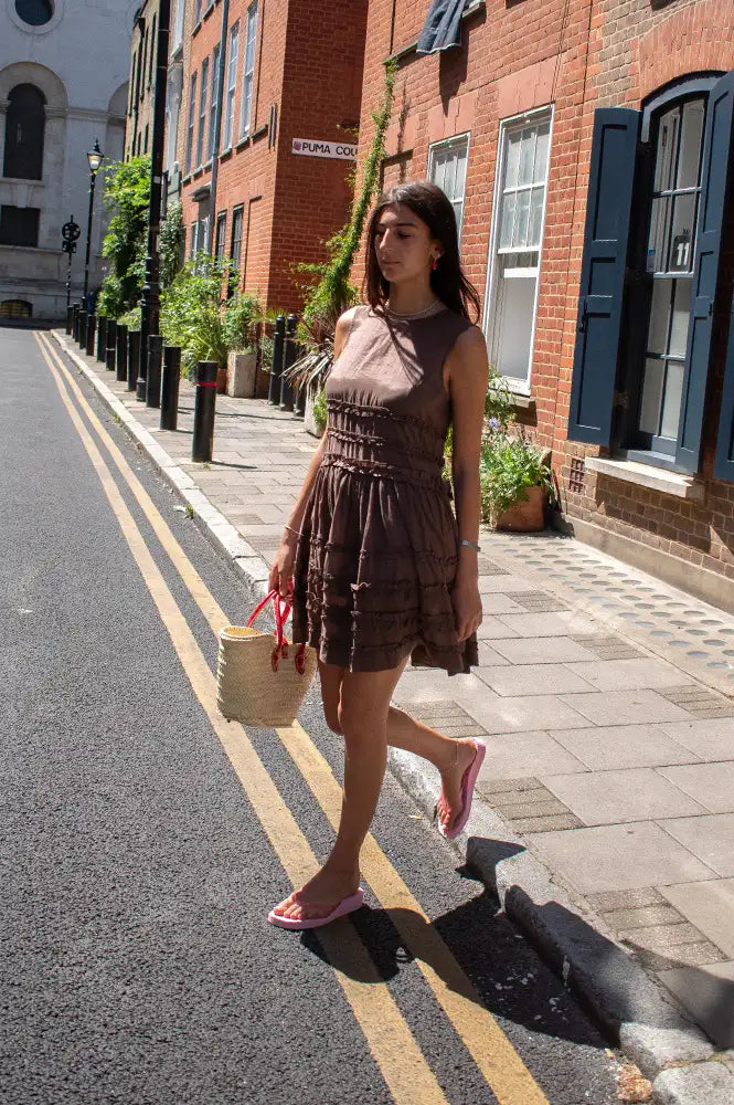 Damson Madder Reed Sheer Chocolate Drop Waist Ruffle Midi Dress