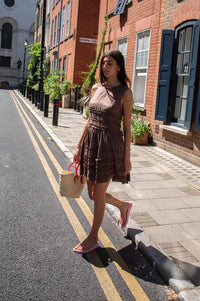Damson Madder Reed Sheer Chocolate Drop Waist Ruffle Midi Dress
