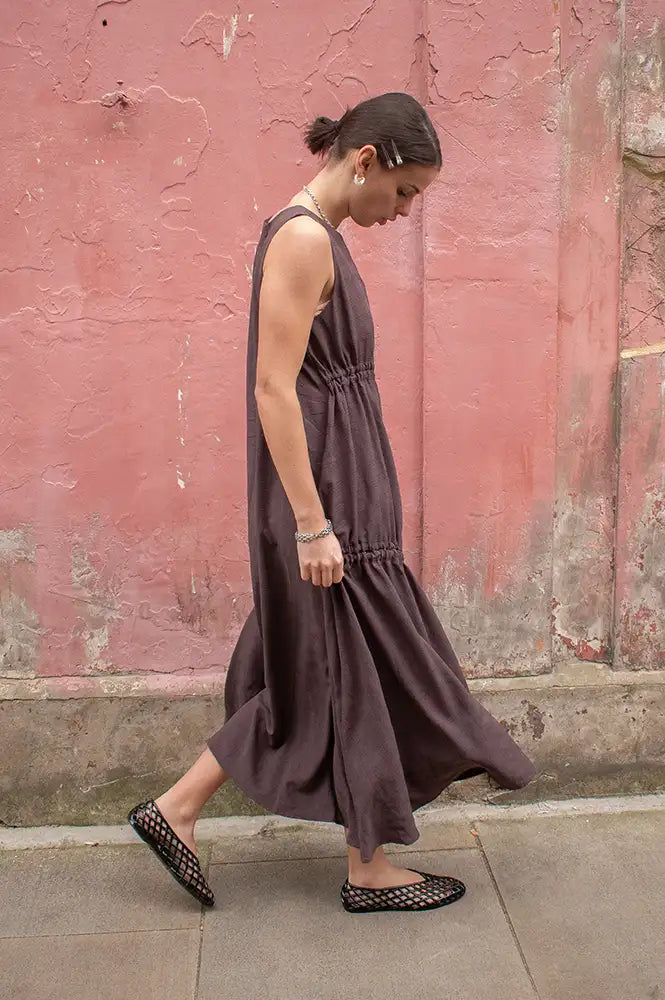 Rita Row Lovie Brown Asymmetric Gathered Dress - The Mercantile London