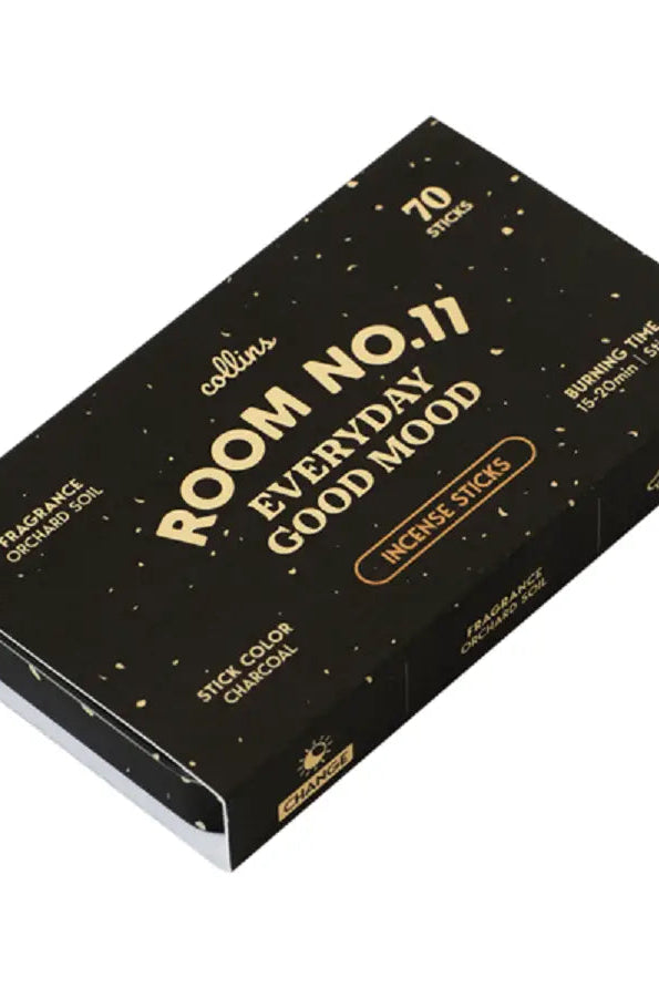 A box of Collins Room No. 11 Everyday Good Mood incense sticks, featuring a black packaging design with gold speckles and gold lettering, shown on a plain white background.