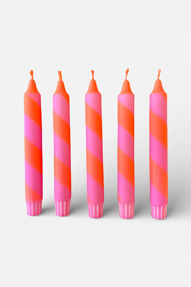 Florrie & Wren Neon Orange & Pink Stripe Hand Dipped Dinner Candles  - The Mercantile London