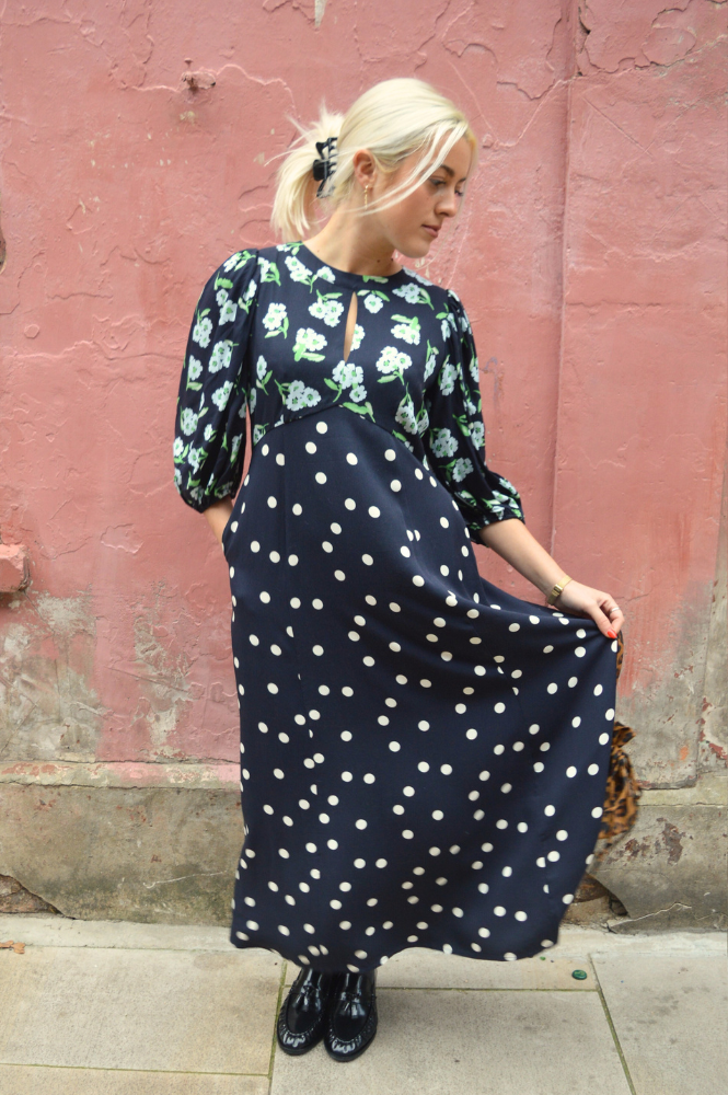 Samdi Dahlia Navy Polka & Powder Blue Floral Dress - The Mercantile London