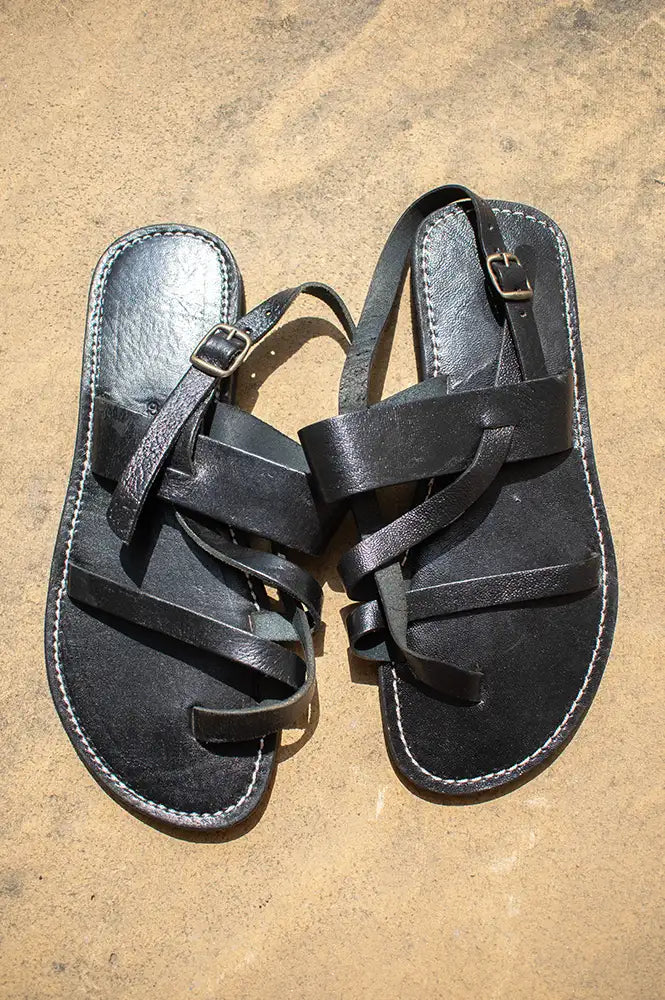 Artisan Stories Bzime Black Leather Slingback Sandals