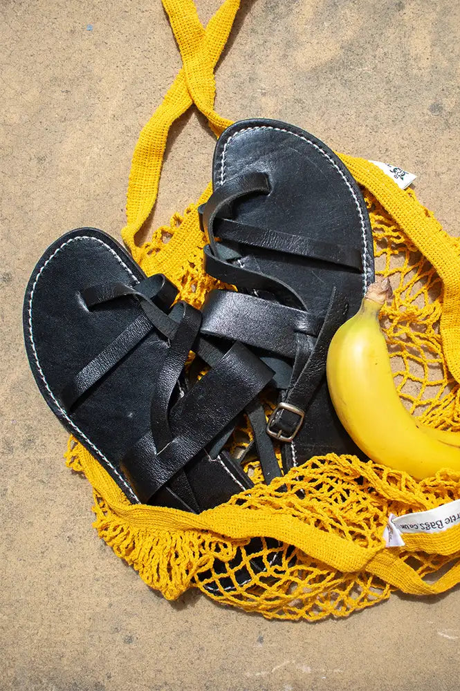Artisan Stories Bzime Black Leather Slingback Sandals