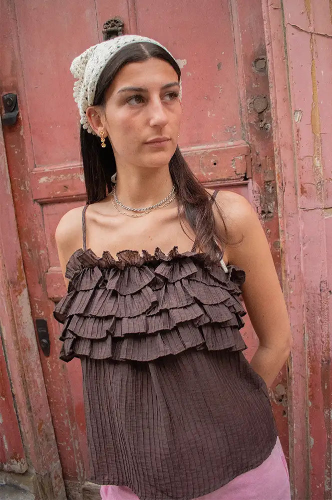 Object Lyne Seal Brown Ruffled Top - The Mercantile London
