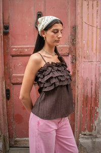 Object Lyne Seal Brown Ruffled Top - The Mercantile London