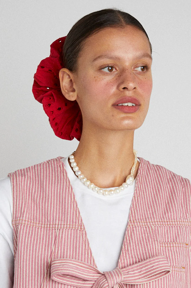 Damson Madder Broiderie Oversized Red Scrunchie - The Mercantile London