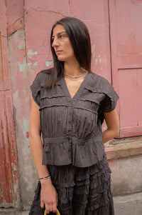 Rabens Saloner Elenor Liquorice Voile Frill Top - The Mercantile London