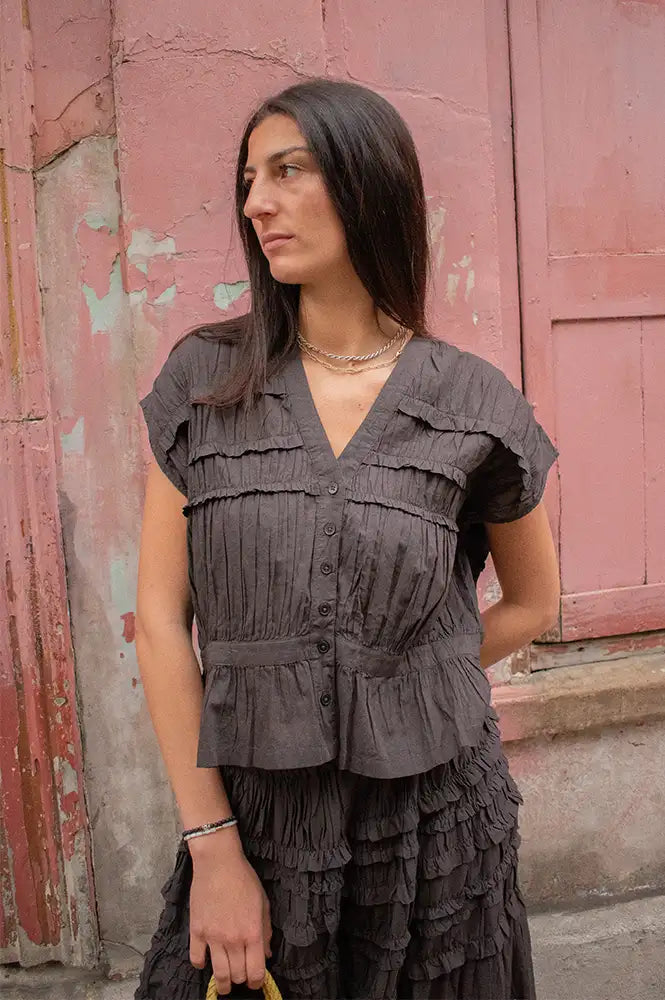 Rabens Saloner Elenor Liquorice Voile Frill Top - The Mercantile London