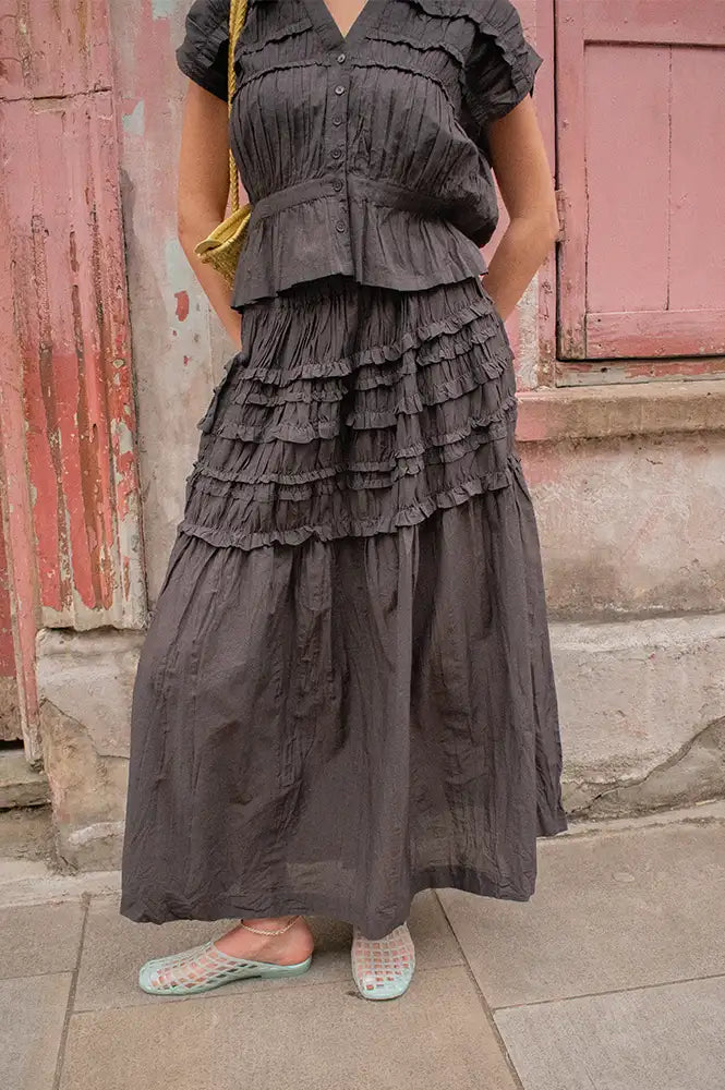 Rabens Saloner Aemla Liqourice Voile Frilled Skirt - The Mercantile London