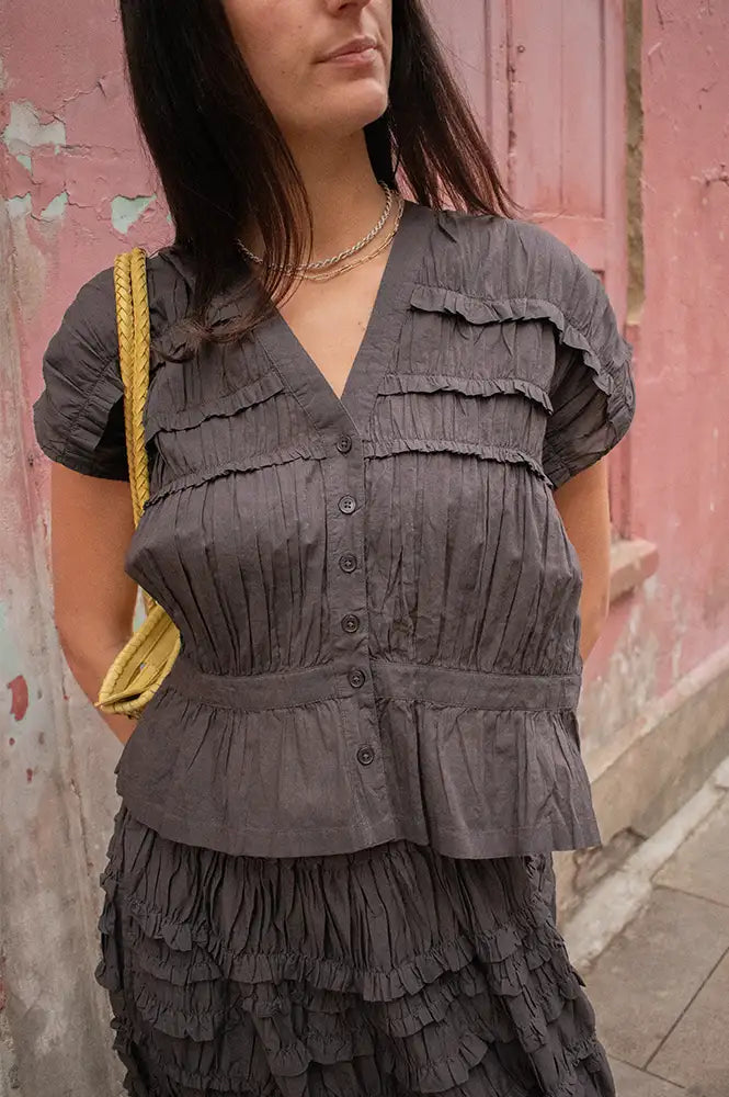 Rabens Saloner Elenor Liquorice Voile Frill Top - The Mercantile London