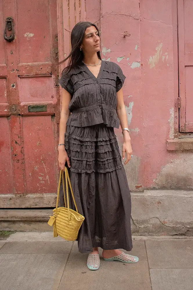 Rabens Saloner Aemla Liqourice Voile Frilled Skirt - The Mercantile London