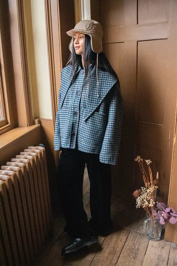 FRNCH Sheffield Navy Blue Checked Scarf Detail Jacket