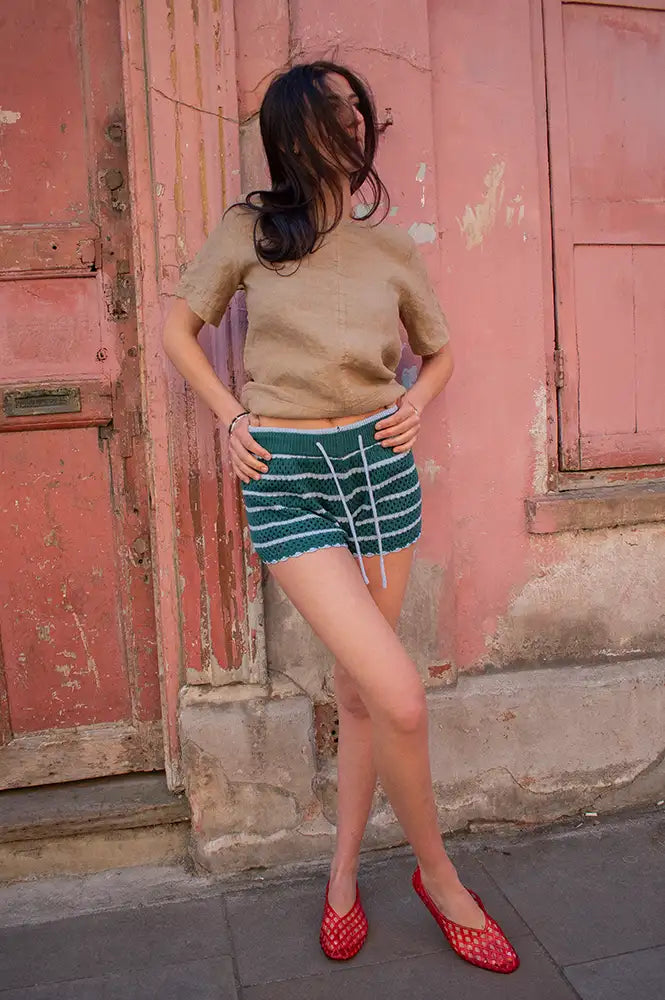 FRNCH Catalda Green Striped Shorts - The Mercantile London