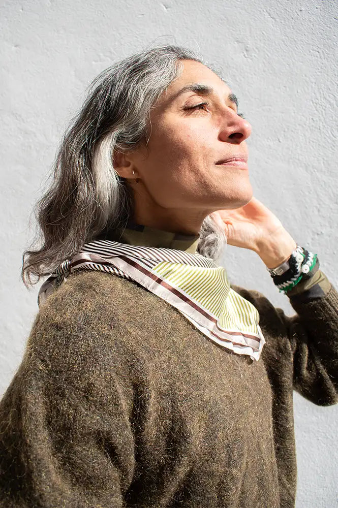 ICHI Eda Green & Mauve Checked Silk Scarf