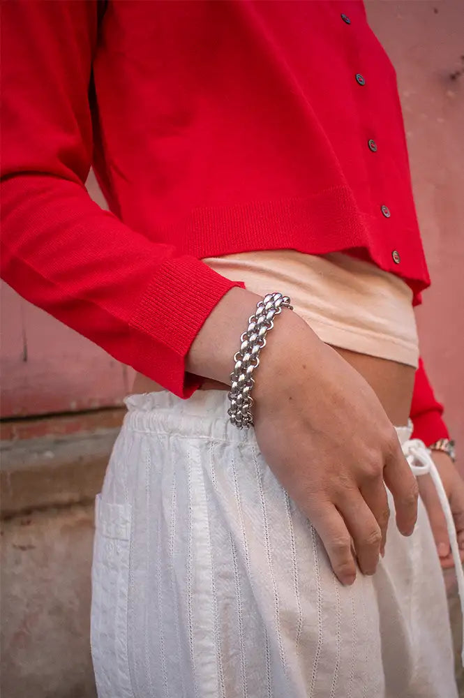 A Weathered Penny Knit Bracelet in Silver - The Mercantile London