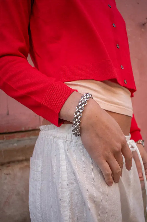 A Weathered Penny Knit Bracelet in Silver - The Mercantile London