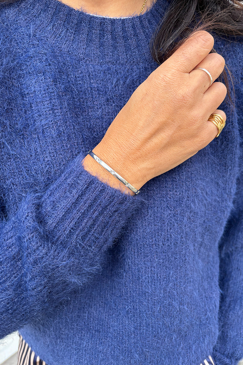 White Engraved Star Detail Bangle in Silver - The Mercantile London