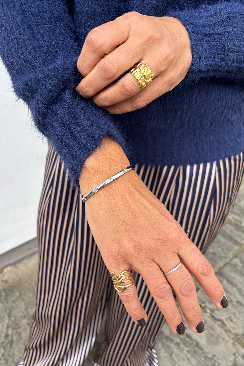 White Engraved Star Detail Bangle in Silver - The Mercantile London