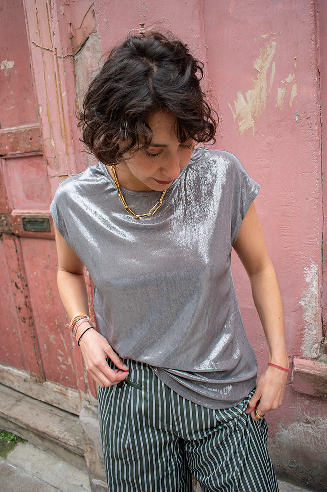 Fransa Franny Silver Metallic Top - The Mercantile London