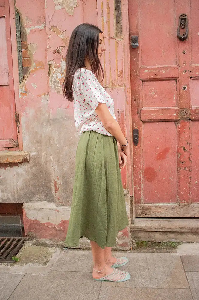 ICHI Foxa Deep Green Midi Skirt - The Mercantile London