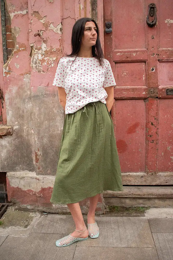 ICHI Foxa Deep Green Midi Skirt - The Mercantile London