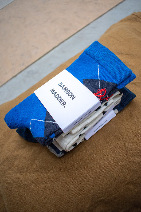 Damson Madder Cobalt & Grey Argyle Socks - The Mercantile London