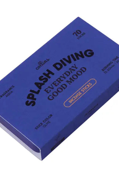 A blue rectangular box of Collins Splash Diving Everyday Good Mood incense sticks, photographed at an angle on a plain white background.