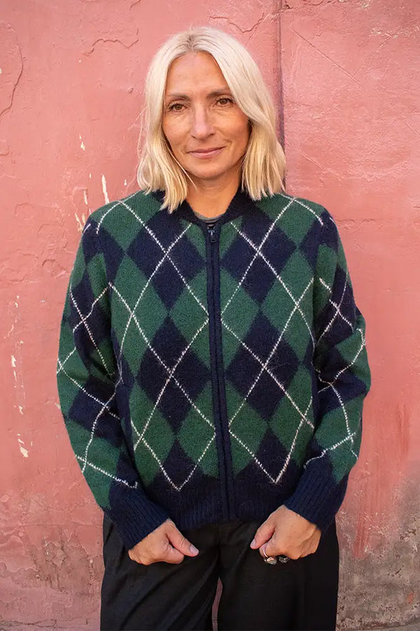 Yerse Green And Navy Argyle Cardigan
