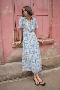 Object Vima Azure Blue Printed Midi Dress - The Mercantile London