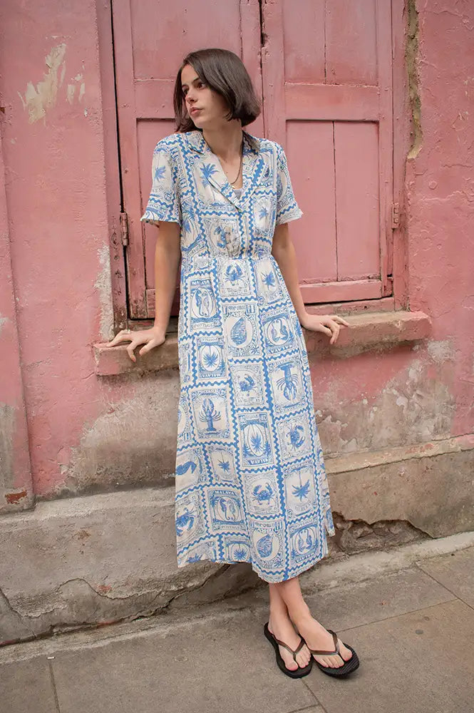 Object Vima Azure Blue Printed Midi Dress - The Mercantile London