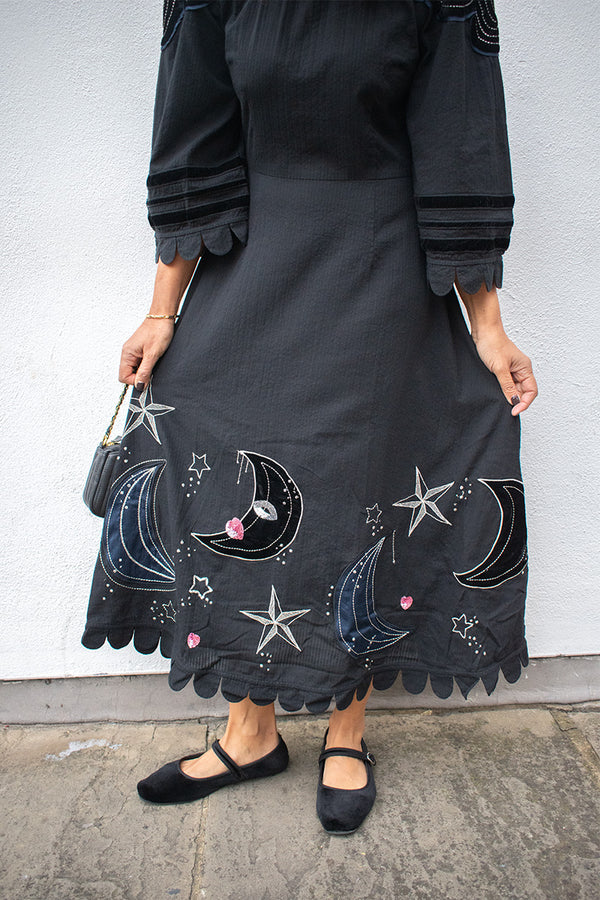 Stella Nova Black Moon And Star Embroidered Midi Dress - The Mercantile London