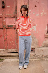 Stella Nova Red & Creme Knitted Polo Top - The Mercantile London