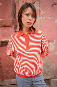 Stella Nova Red & Creme Knitted Polo Top - The Mercantile London