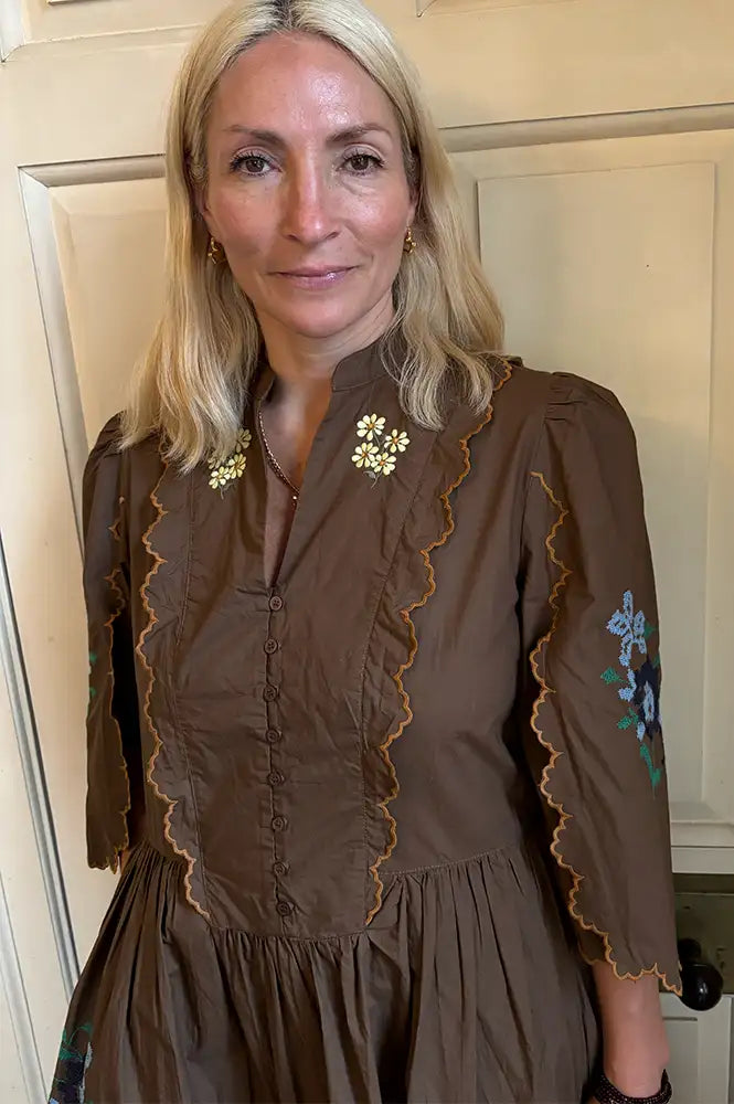 Stella Nova Embroidered Brown Loose Midi Dress